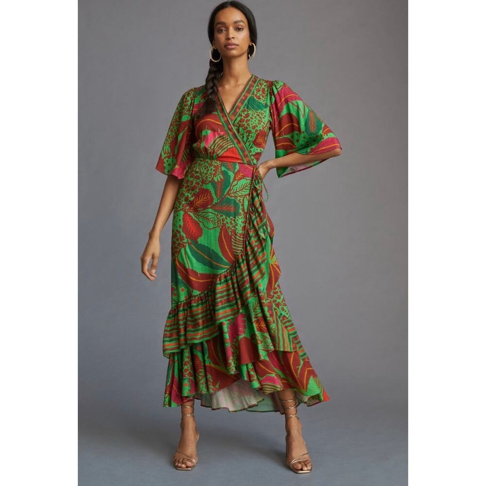 Farm Rio Flutter Sleeve Midi Wrap Dress Green Red Floral Womens Medium Tropical